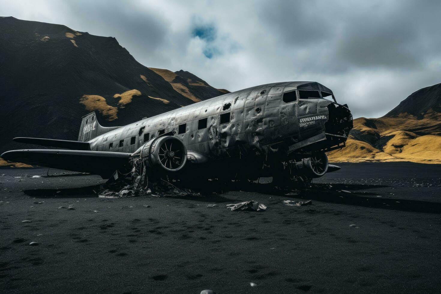 verlassen Militär- Flugzeug im das Wüste. 3d Wiedergabe, ein verlassen Flugzeug ruht feierlich auf ein verwüsten schwarz Sand Strand, ai generiert foto