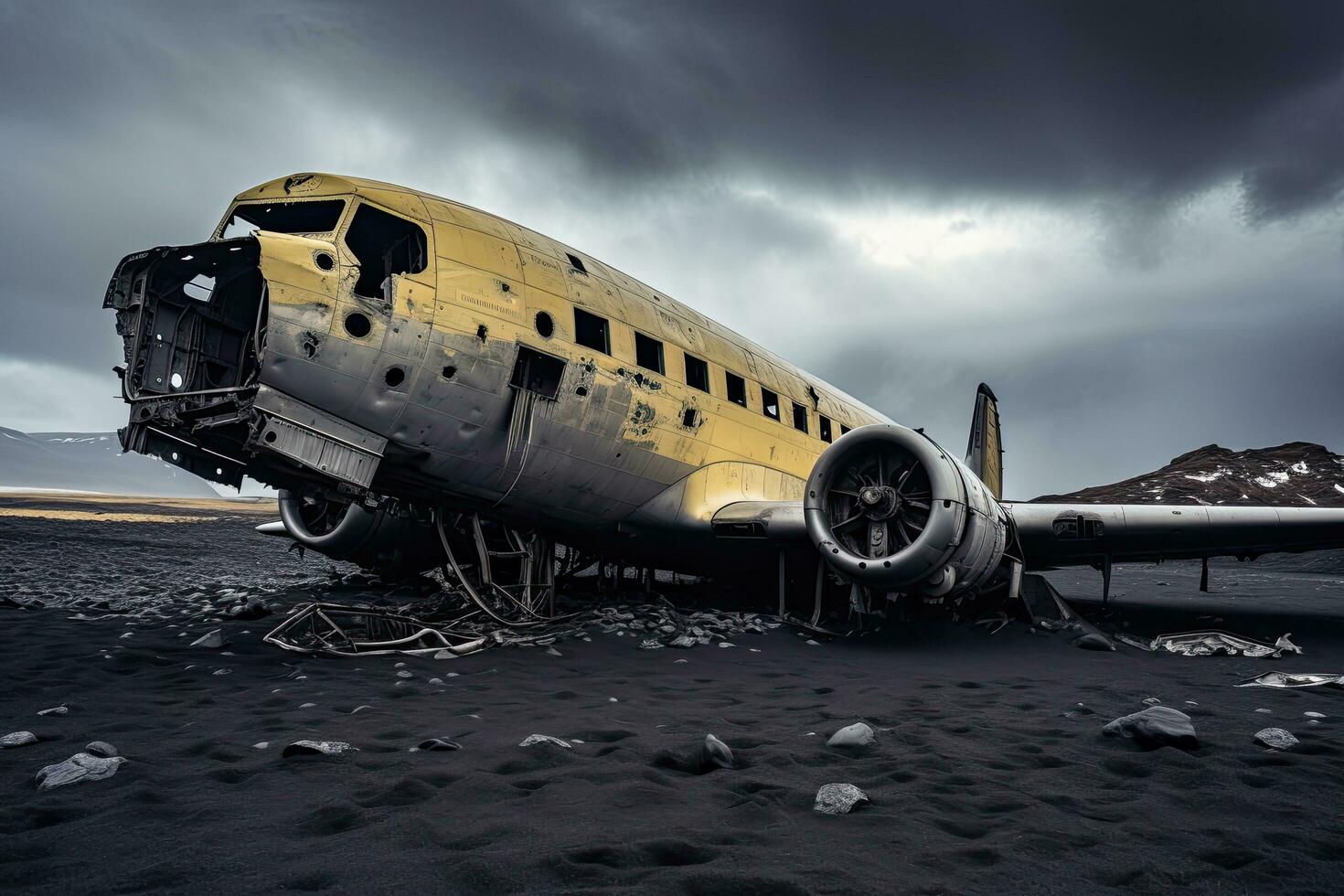verlassen Flugzeug auf das Strand, Island. getönt. ein verlassen Flugzeug ruht feierlich auf ein verwüsten schwarz Sand Strand, ai generiert foto