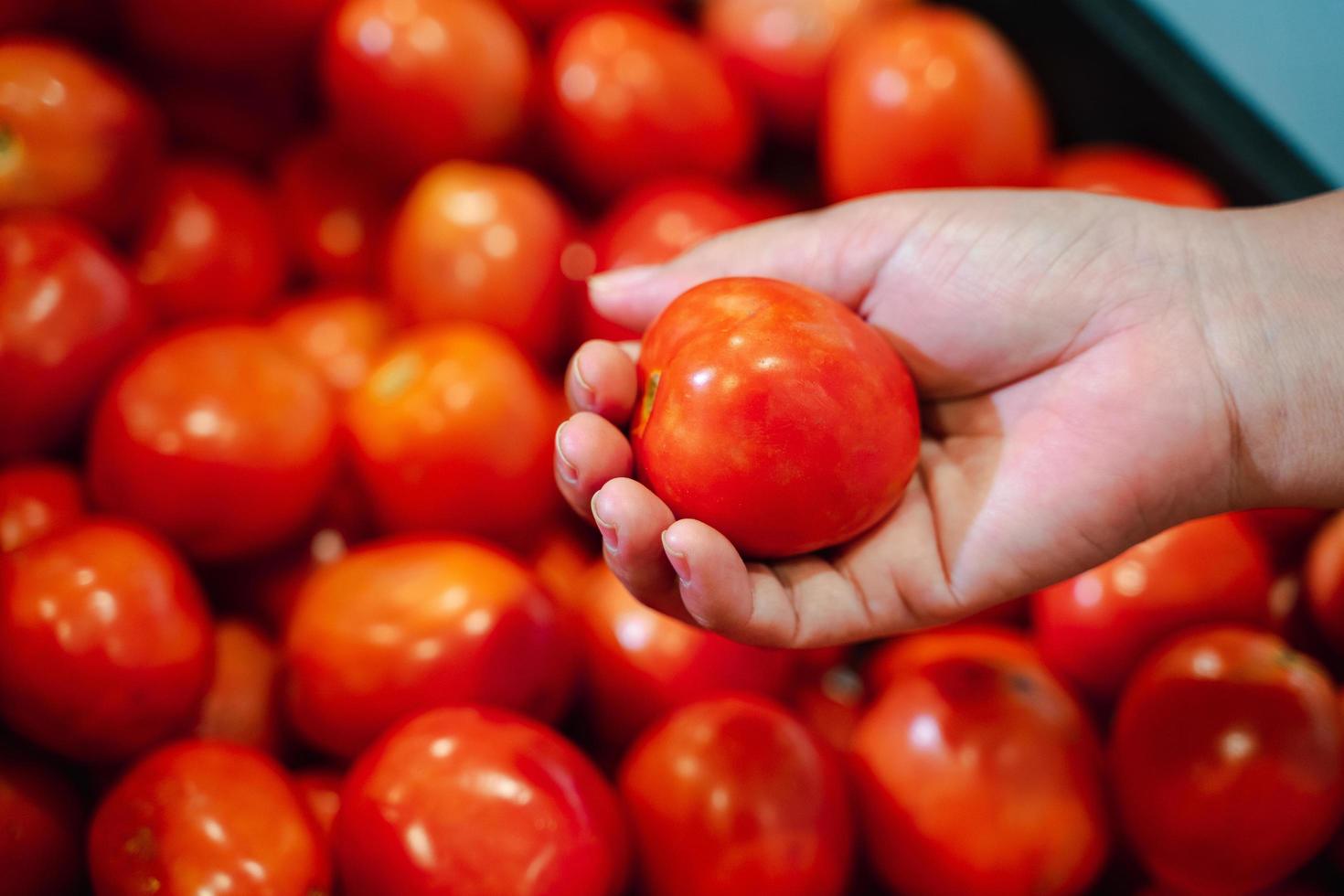 Frauenhand, die Tomate im Supermarkt aufhebt. Frau kauft in einem Supermarkt ein und kauft frisches Bio-Gemüse. Konzept für gesunde Ernährung. foto