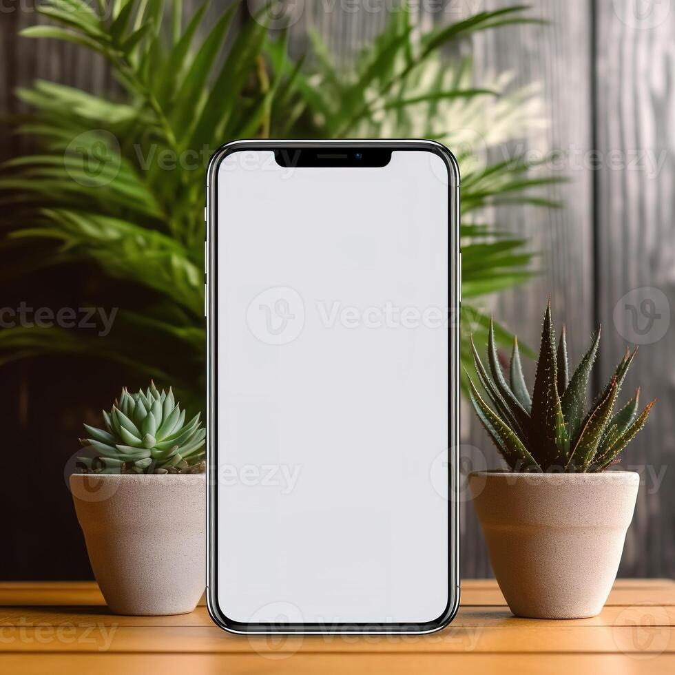 ai generativ ein Smartphone auf ein hölzern Tabelle mit Pflanze foto