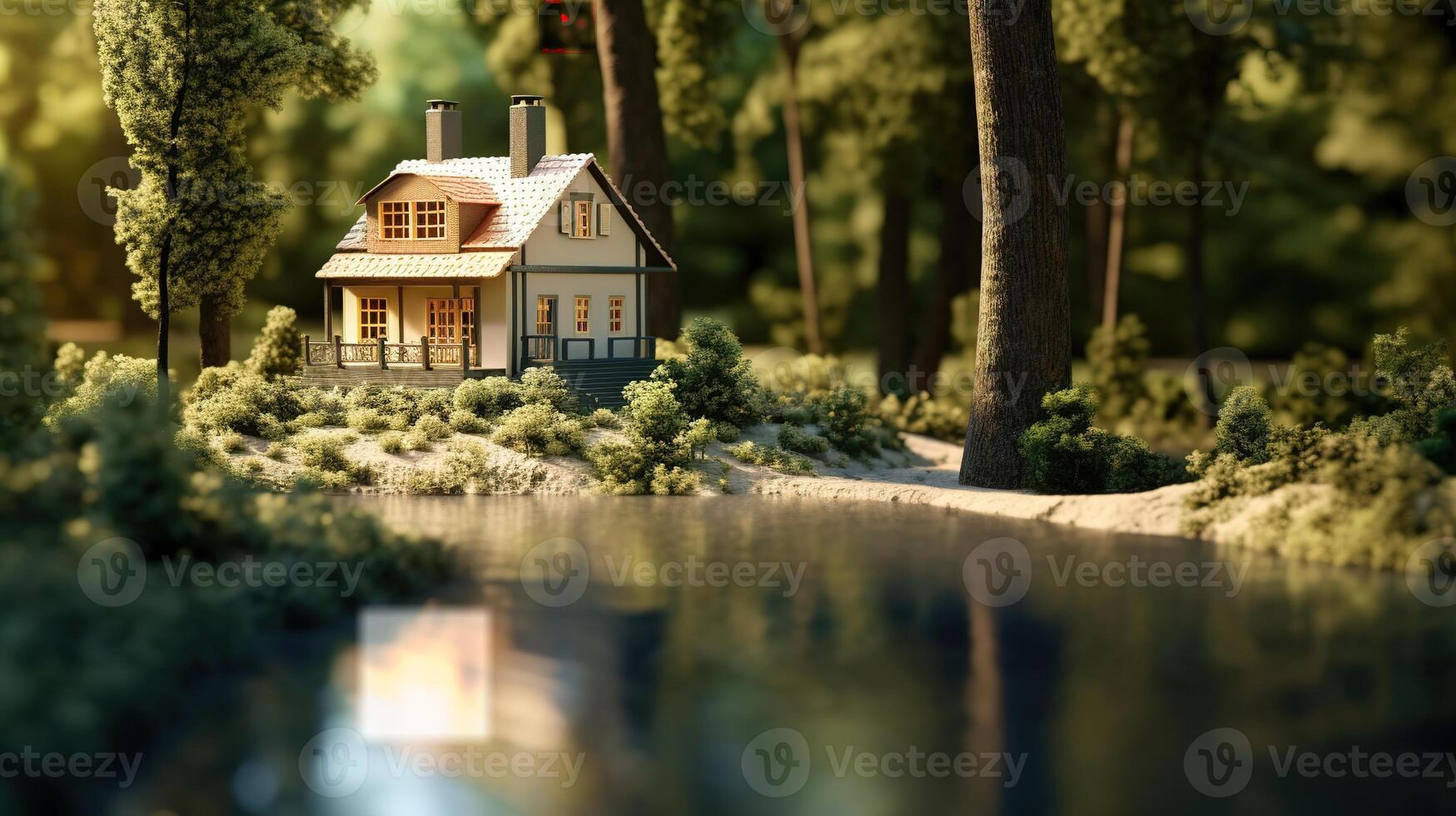 ai generativ Miniatur Haus im Wald mit Bäume und Fluss Miniatur foto