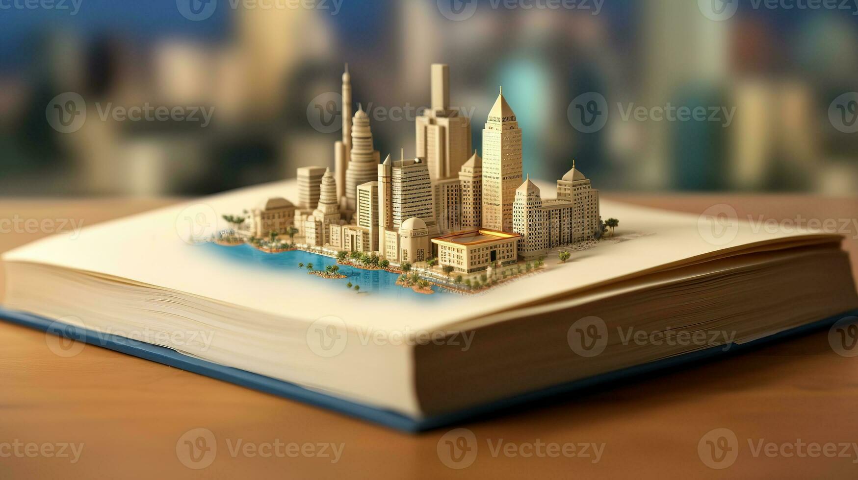 ai generativ ein Buch ist öffnen mit ein Stadt im das Hintergrund foto