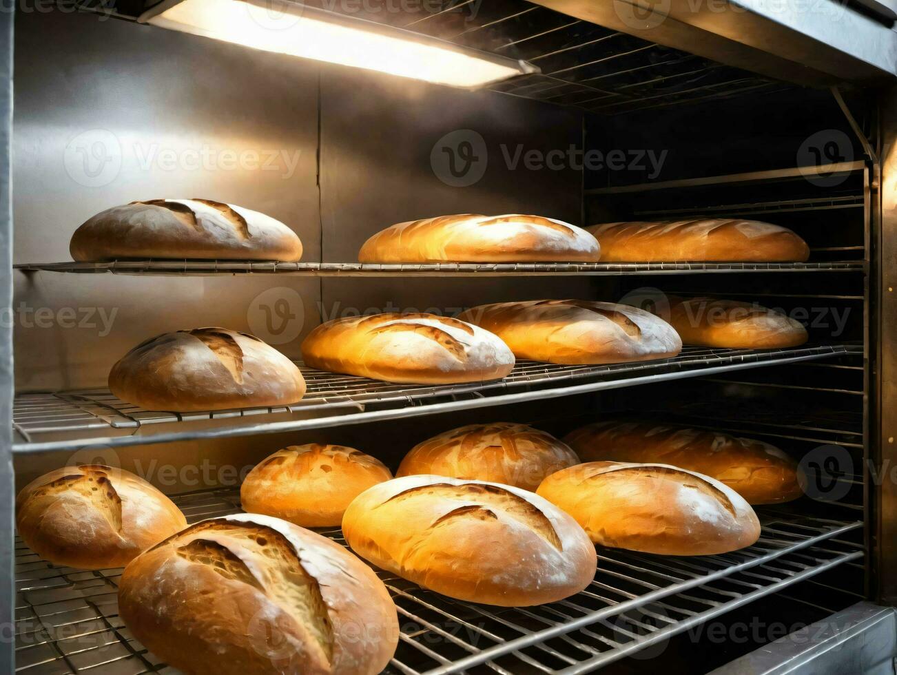 ein Bündel von Brote von Brot im ein Ofen. ai generiert foto