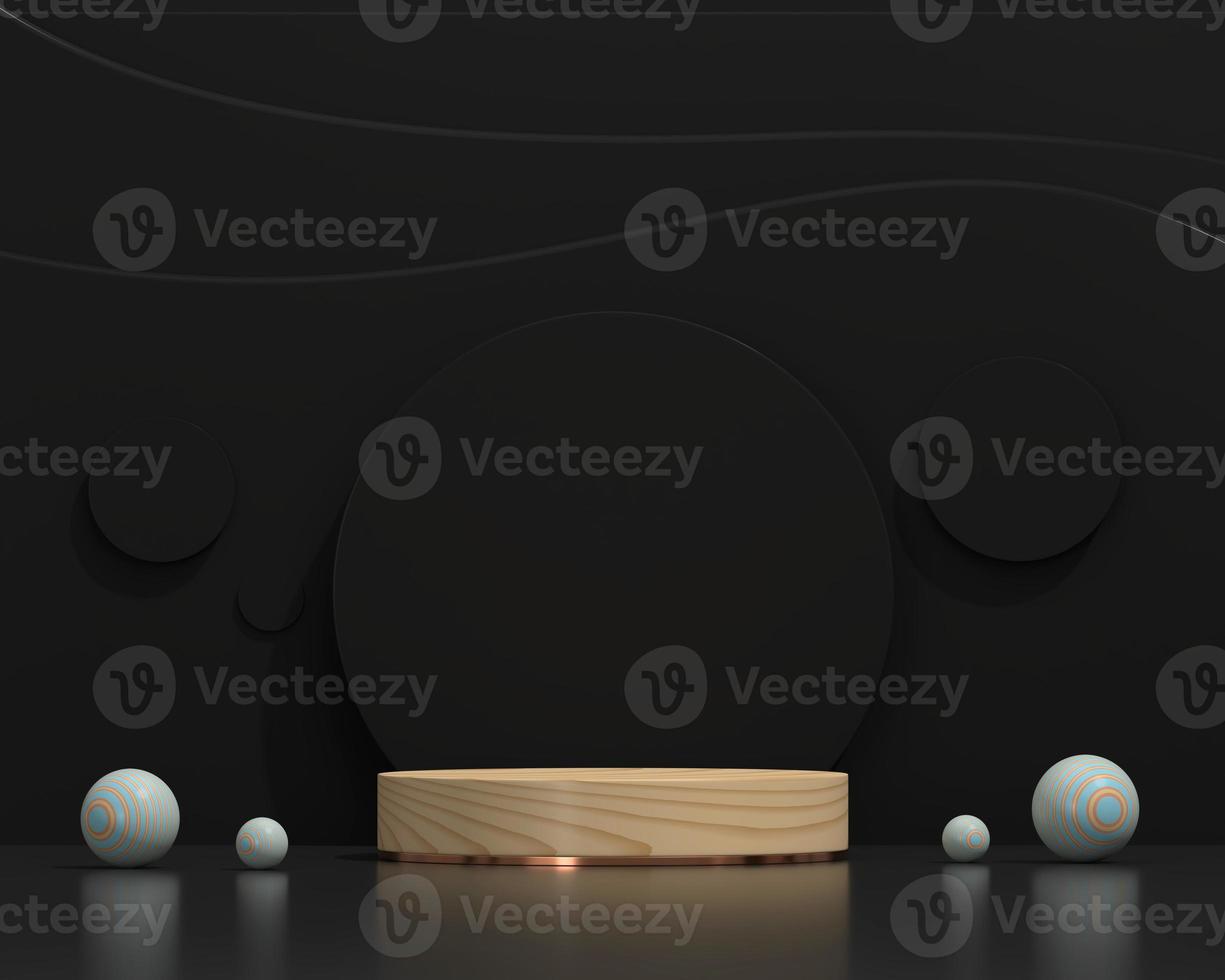 abstrakte schwarze und hölzerne Bühnenpodiumplattform für die Produktpräsentation 3D-Rendering foto