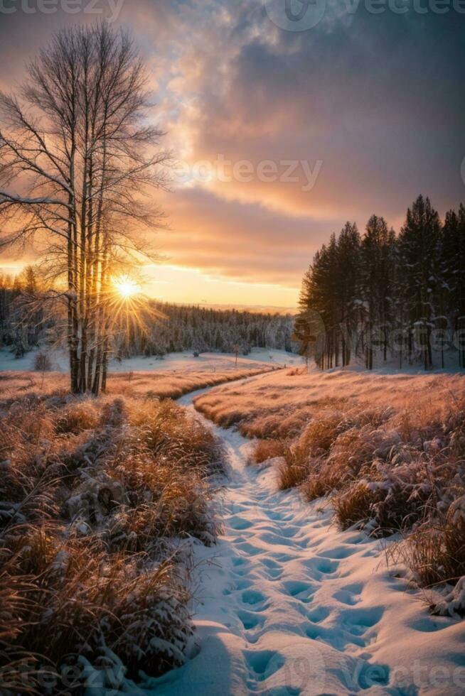 Sonnenuntergang im das Holz im Winter Zeitraum. ai generiert foto