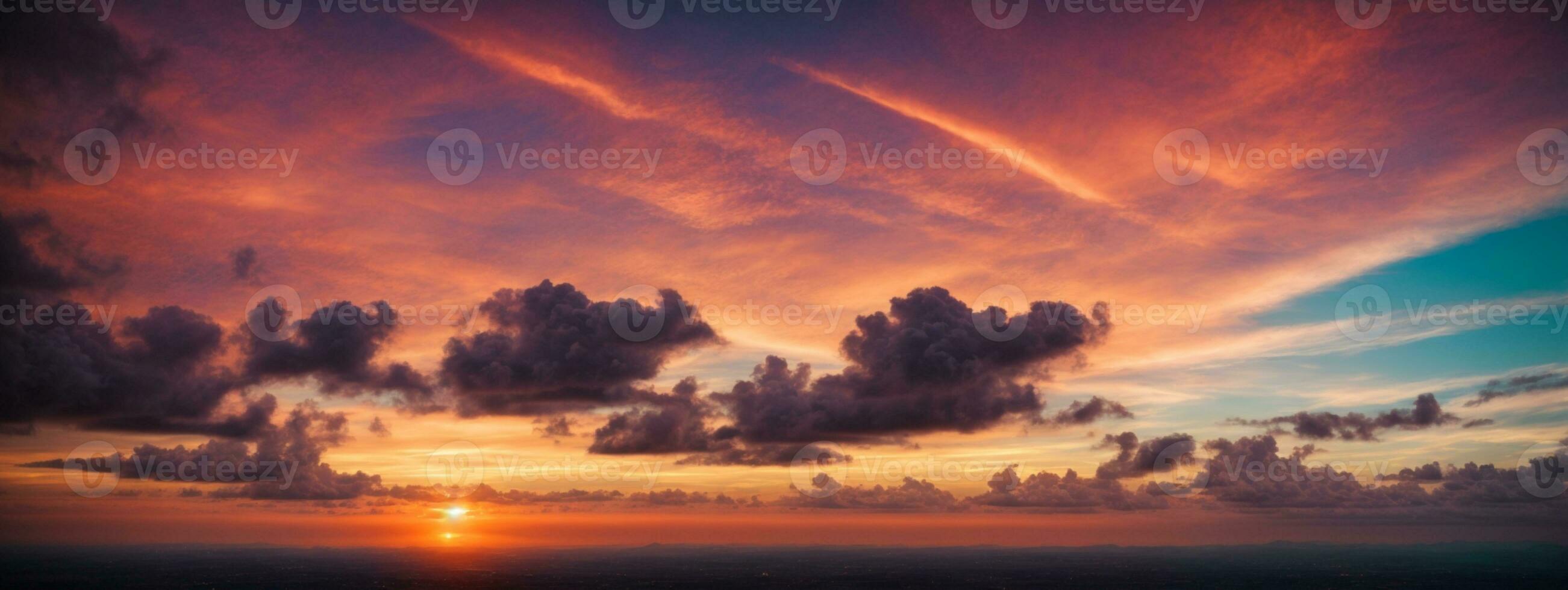 Hintergrund von bunt Himmel Konzept dramatisch Sonnenuntergang mit Dämmerung Farbe Himmel und Wolken. ai generiert foto