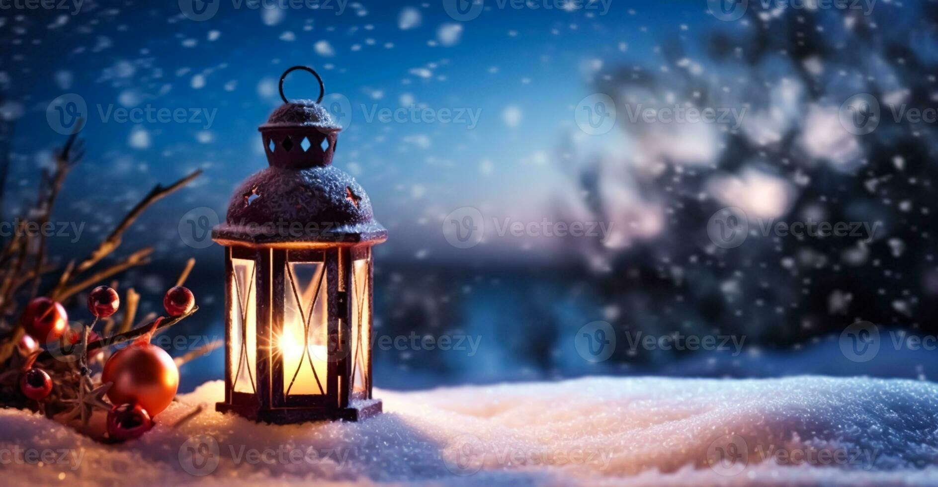 Jahrgang Weihnachten Laterne auf Schnee wie Magie Nacht Winter Urlaub Hintergrund, fröhlich Weihnachten und glücklich Ferien wünscht sich, generativ ai foto