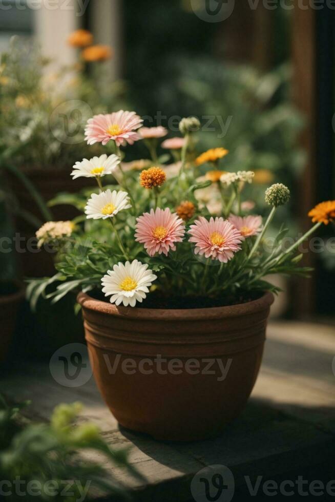 Blume Natur Garten Botanik Gänseblümchen blühen Topf. ai generiert foto