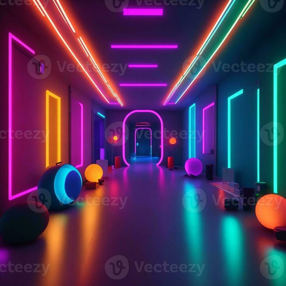 Korridor im Neon- Licht schön magisch Fantastisch durch ai generiert foto