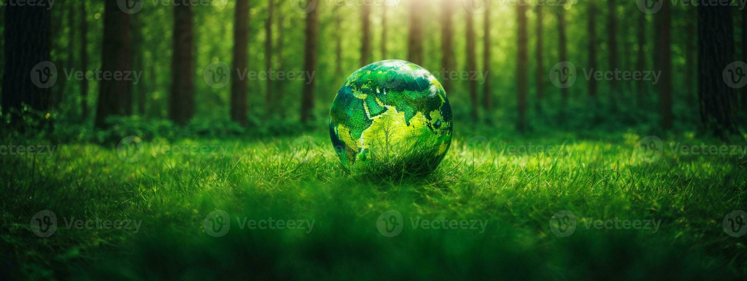 Grün Globus auf Moos - - Umwelt Konzept. ai generiert foto