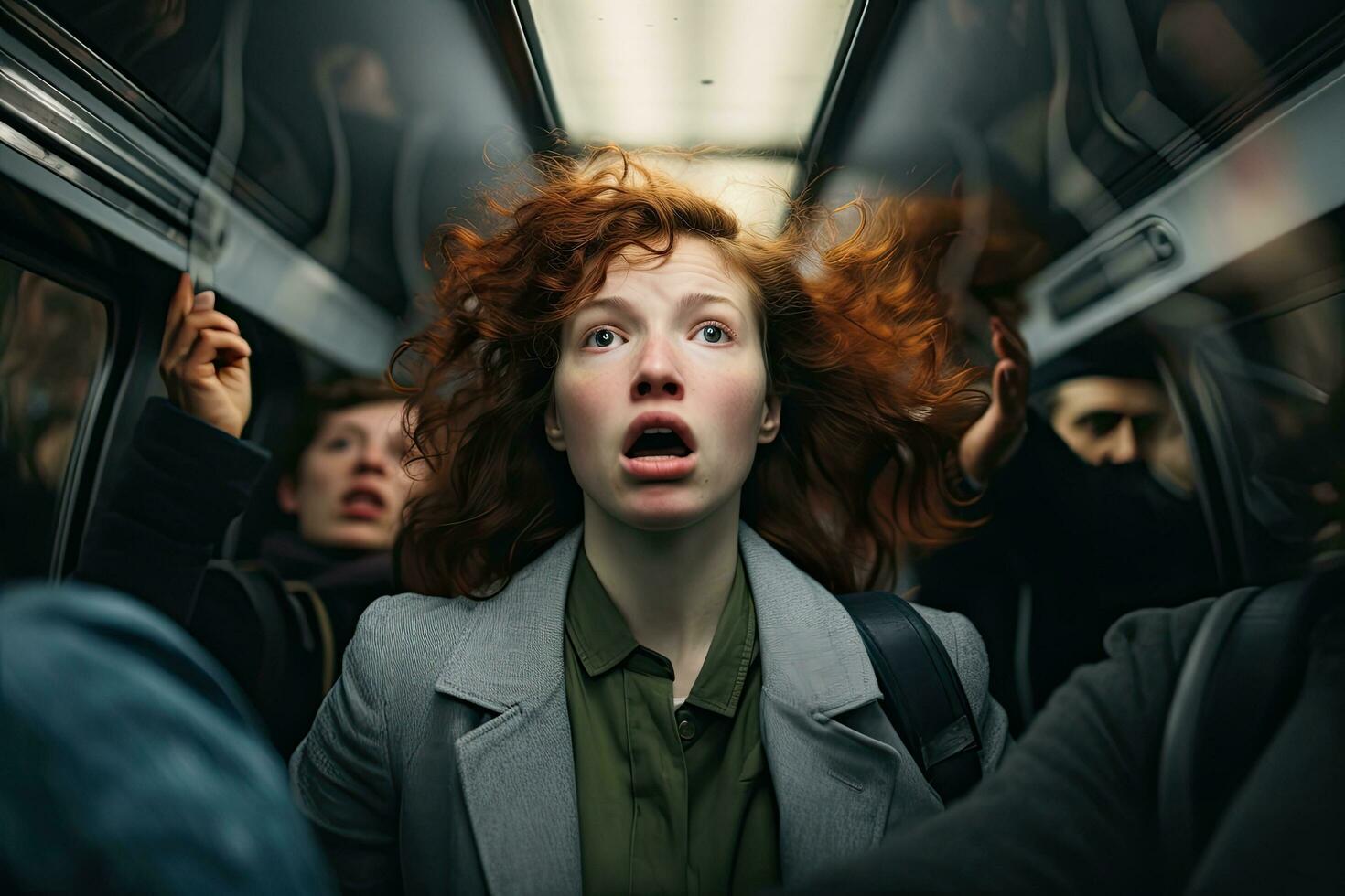 Porträt von erschrocken Rothaarige Mädchen im Auto mit öffnen Mund suchen durch Fenster, Person mit ein beschäftigt U-Bahn pendeln beim eilen Stunde, präsentieren ihr verwirrt Stimmung und Ungeduld, ai generiert foto