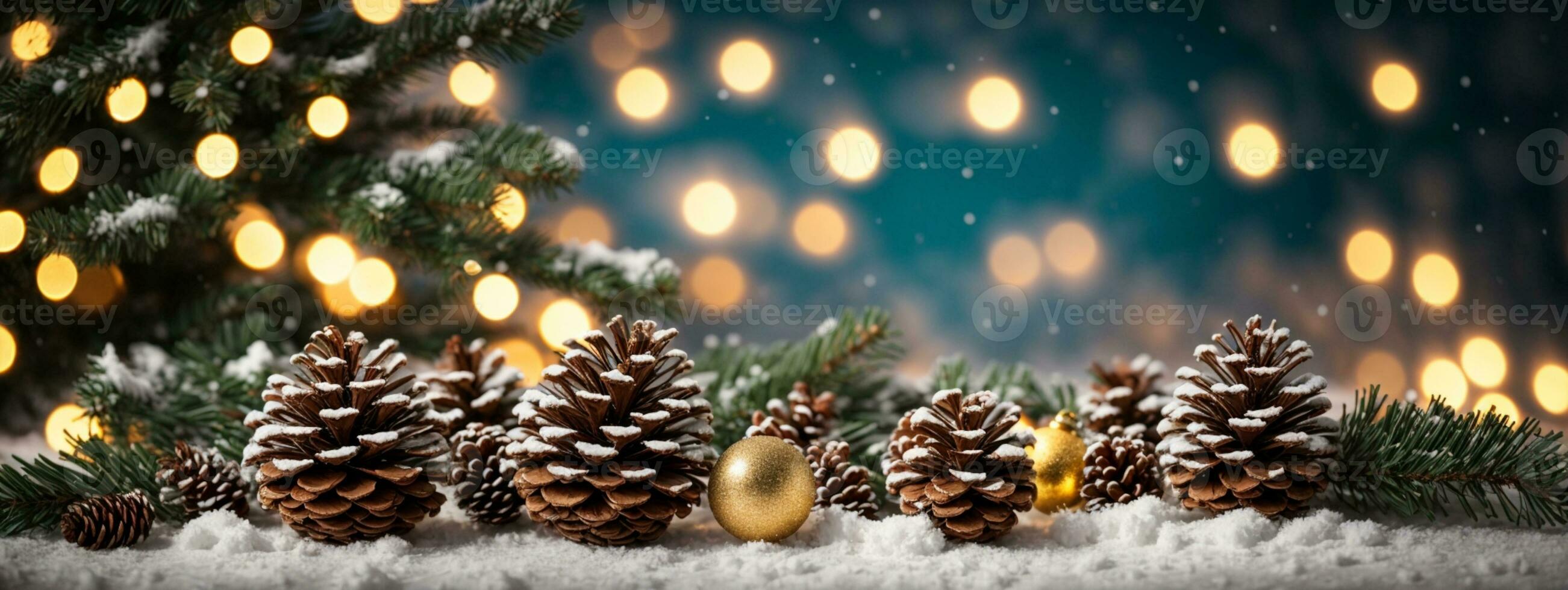Weihnachten Dekoration Banner - - schneebedeckt Kiefer Zapfen auf Tanne Ast mit Beleuchtung. ai generiert foto