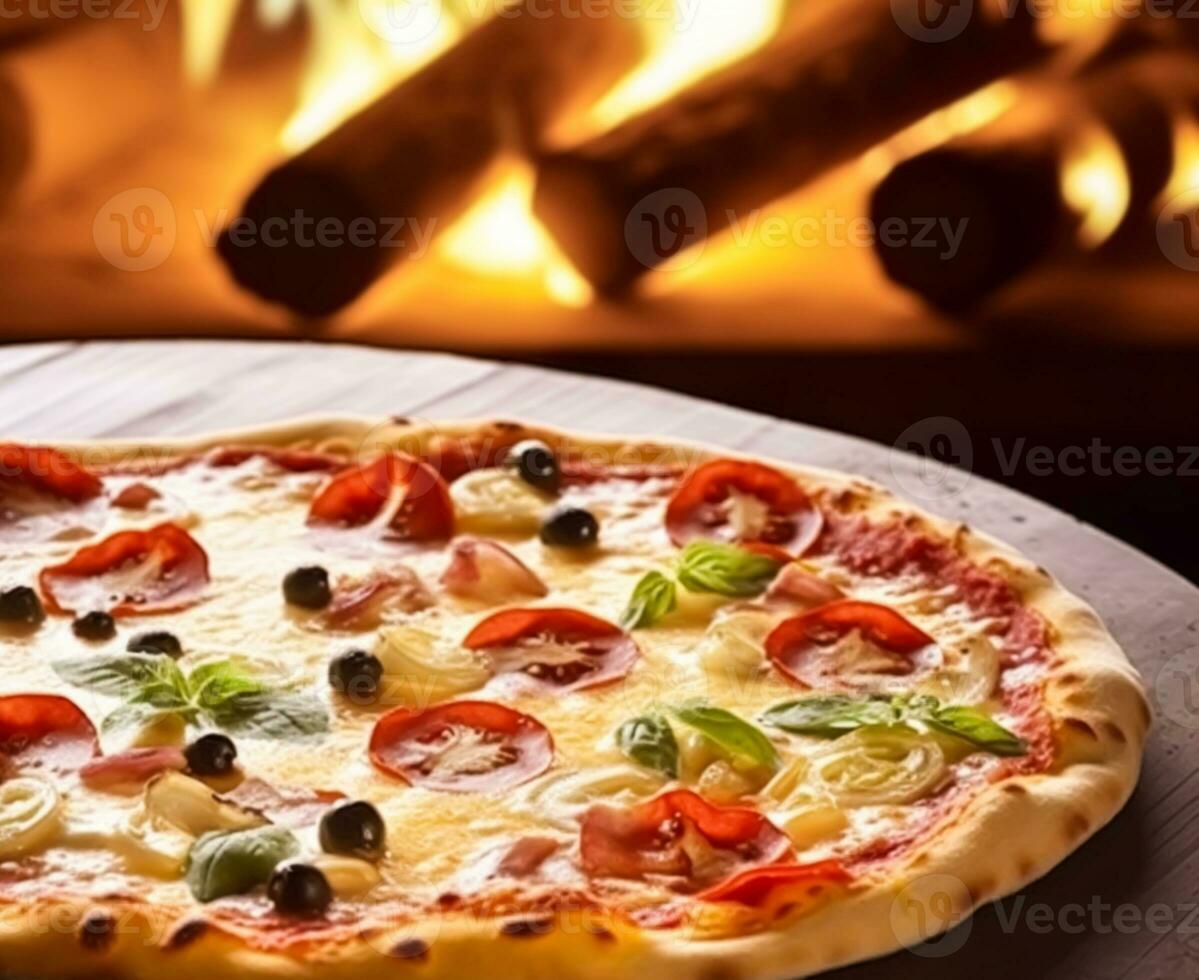 Pizza Capricciosa hausgemacht mit Feuer im das Ofen, online Lieferung von Pizzeria, nehmen Weg und Italienisch schnell Essen, generativ ai foto