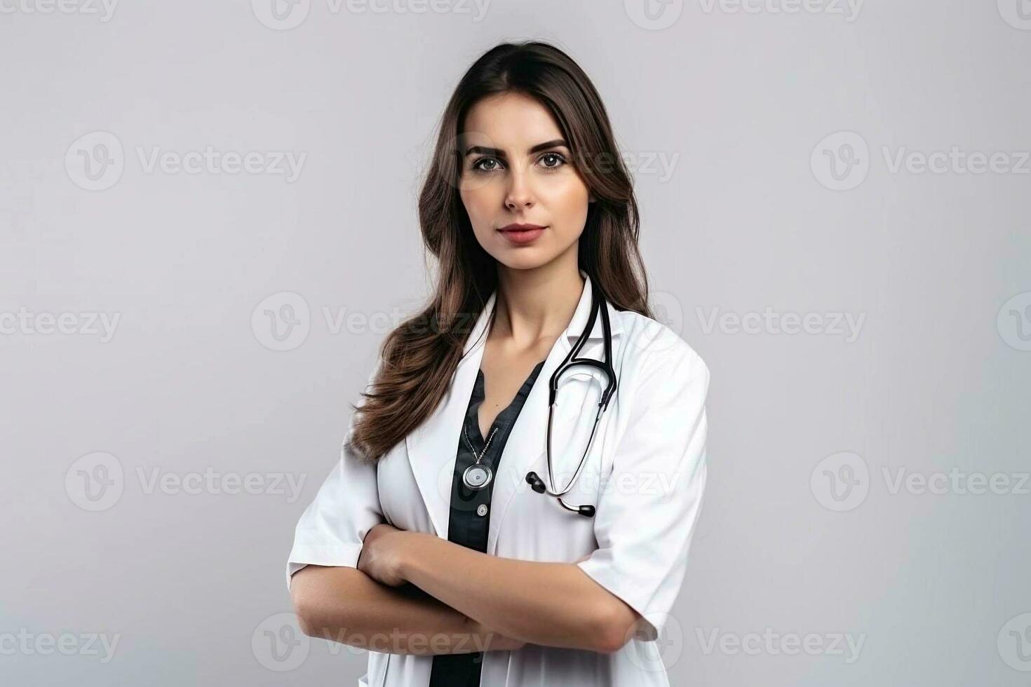 Porträt von ein schön jung Mädchen Arzt im ein Weiß Mantel. sie sieht aus freundlich und lächelt. Weiß Hintergrund. foto