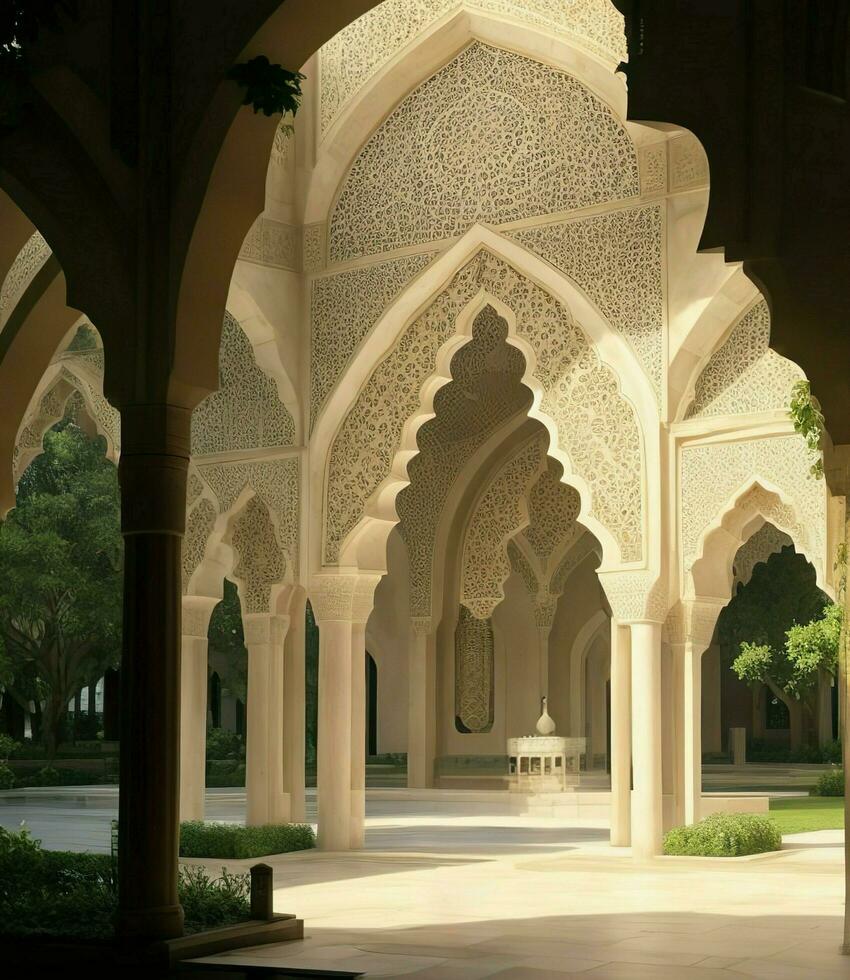 ai generiert. ai generativ - - spirituell Oase - - islamisch Betrachtung im ein still Moschee Garten foto