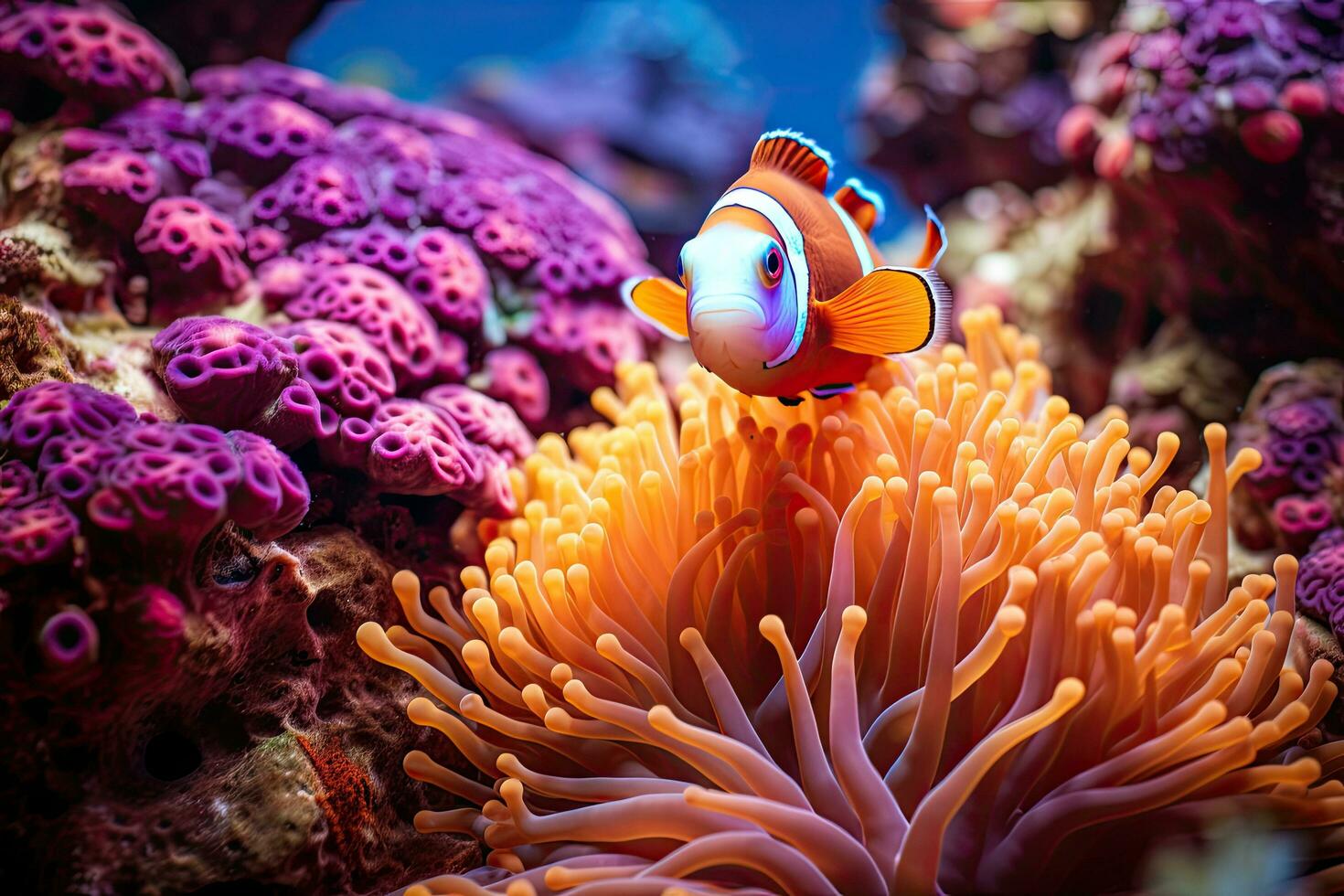 Clown Anemonenfisch im das Meer Anemone, Clownfisch Schwimmen unter das beschwingt Korallen, ai generiert foto