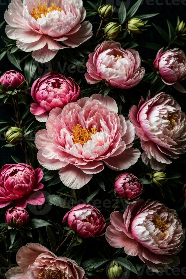 Jahrgang Strauß von schön Blumen auf schwarz. Blumen- Hintergrund. Barock alt Mode Stil. natürlich Muster Hintergrund oder Gruß Karte. ai generiert foto