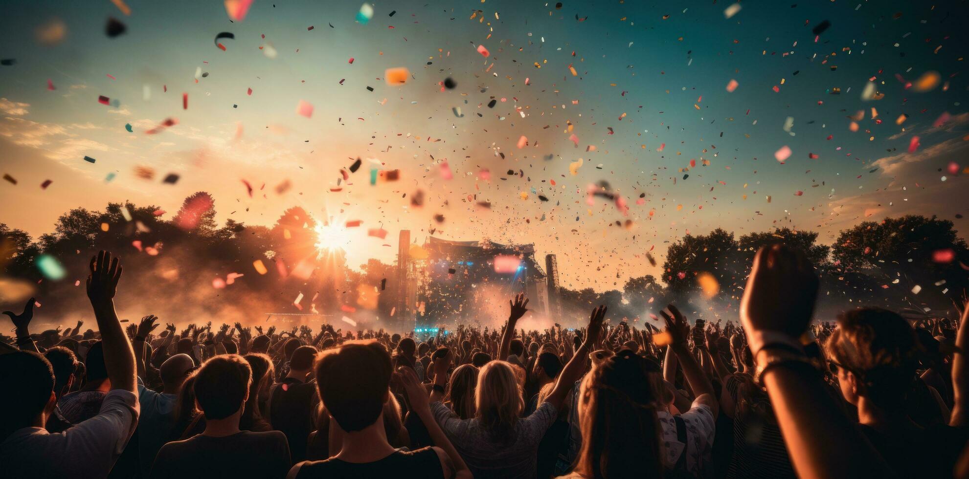 ein Abend beim ein draussen Musik- Festival mit Konfetti fliegend foto