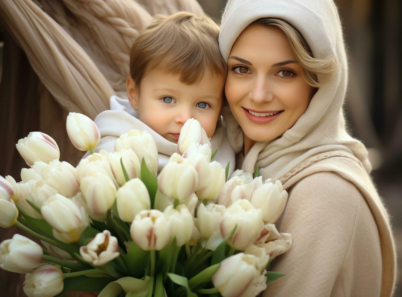 Mutter mit Sohn mit Blumen foto
