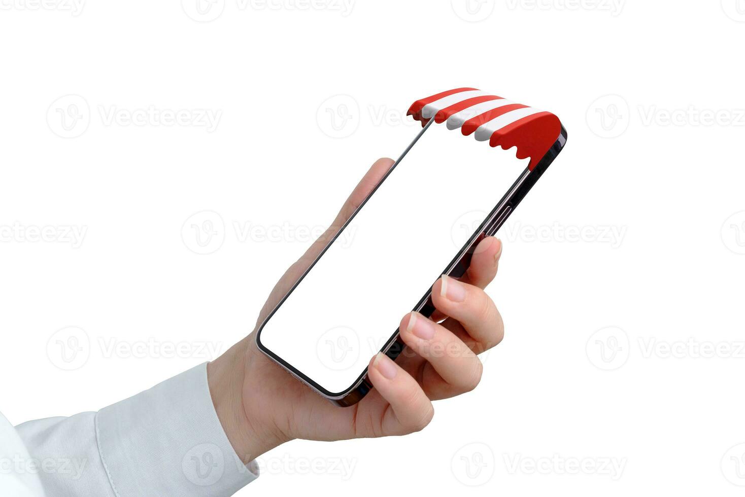 Handy, Mobiltelefon Telefon im Hand mit Geschäft Markise Über Anzeige Konzept. isoliert Bildschirm und Hintergrund zum App Attrappe, Lehrmodell, Simulation foto