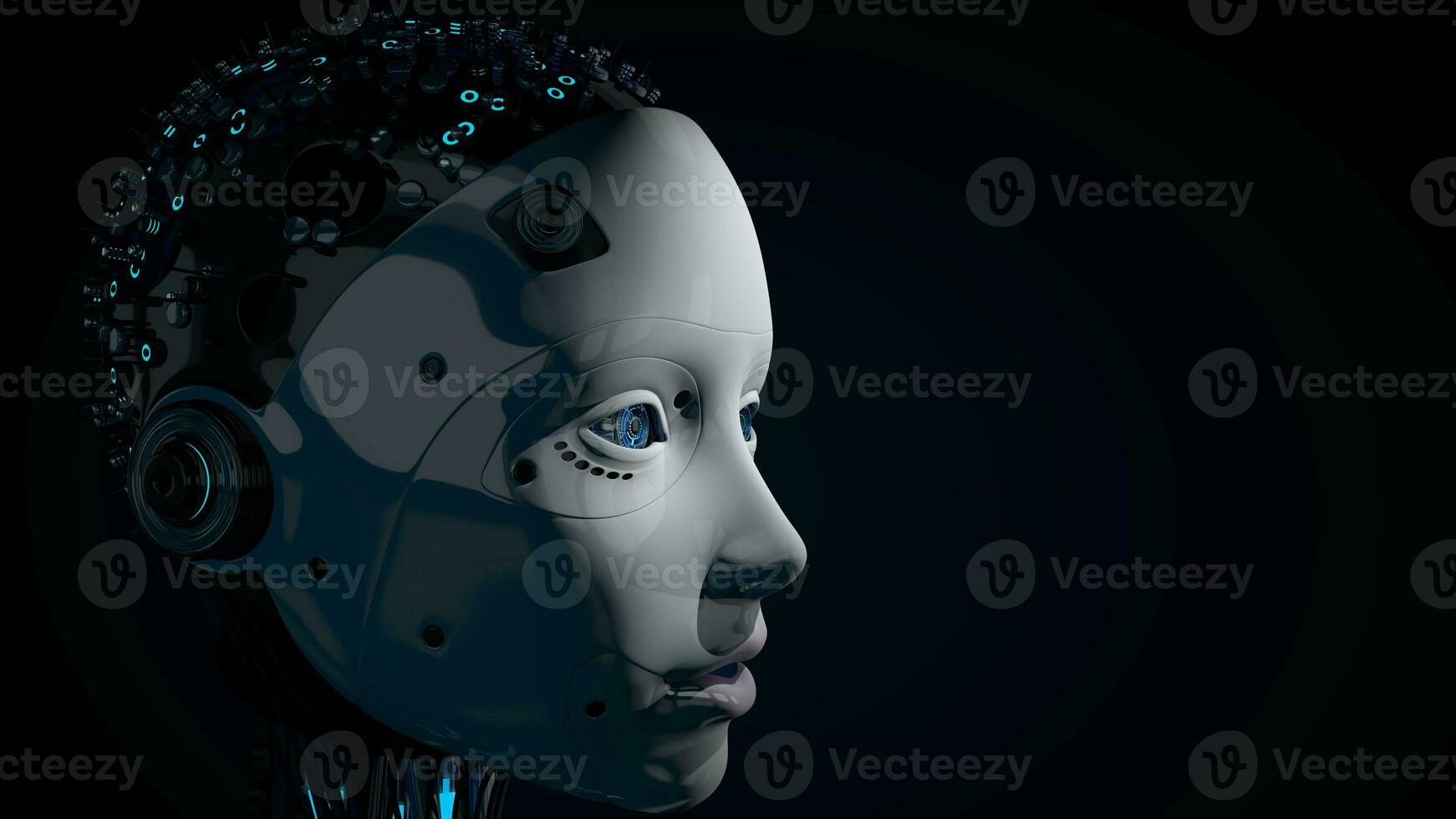 Seite Aussicht von Kopf von weiblich Humanoid Roboter mit Weiß glühend Plastik Haut, Blau Augen und beleuchtet Schaltung im ihr Schädel. 3d Illustration foto