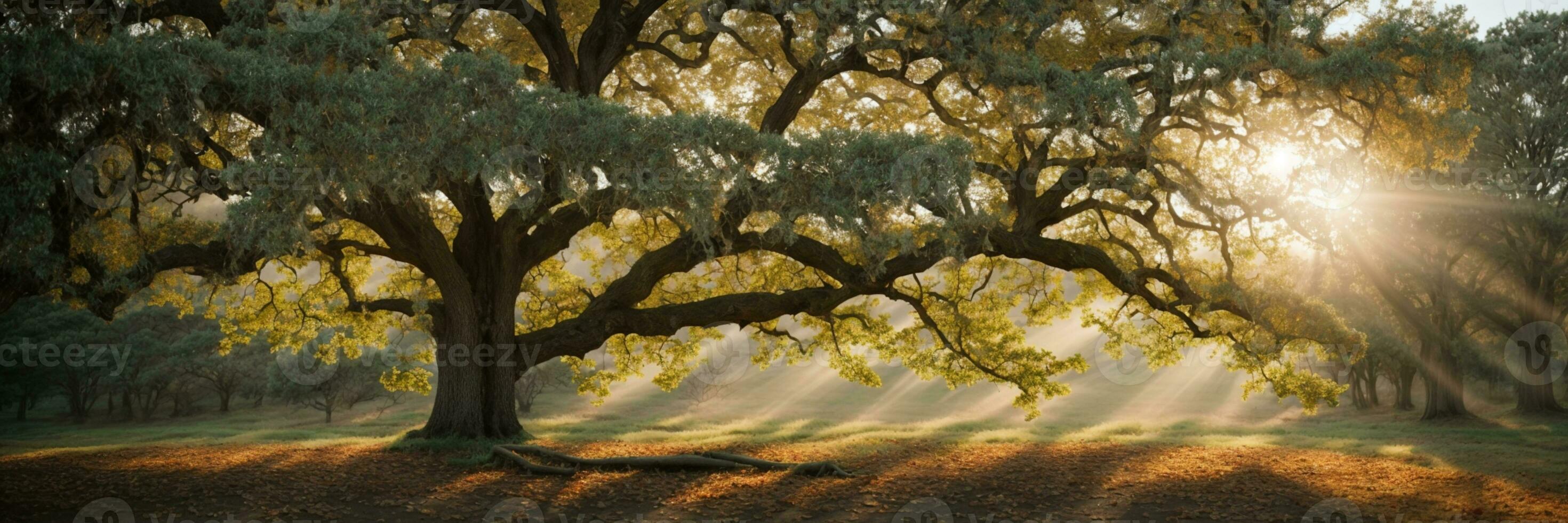 alt Eiche Baum Laub im Morgen Licht mit Sonnenlicht. ai generiert foto