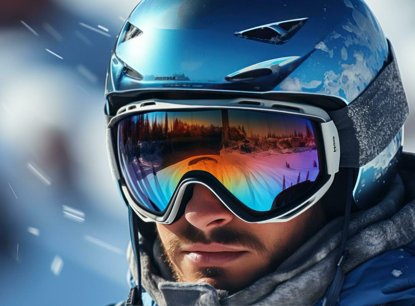 ein Skifahrer tragen Ski Brille und ein Ski Helm foto