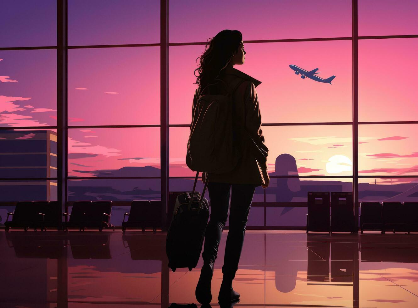 Geschäftsfrau Tragen Gepäck Gehen um mit Handy, Mobiltelefon Telefon im das Flughafen foto