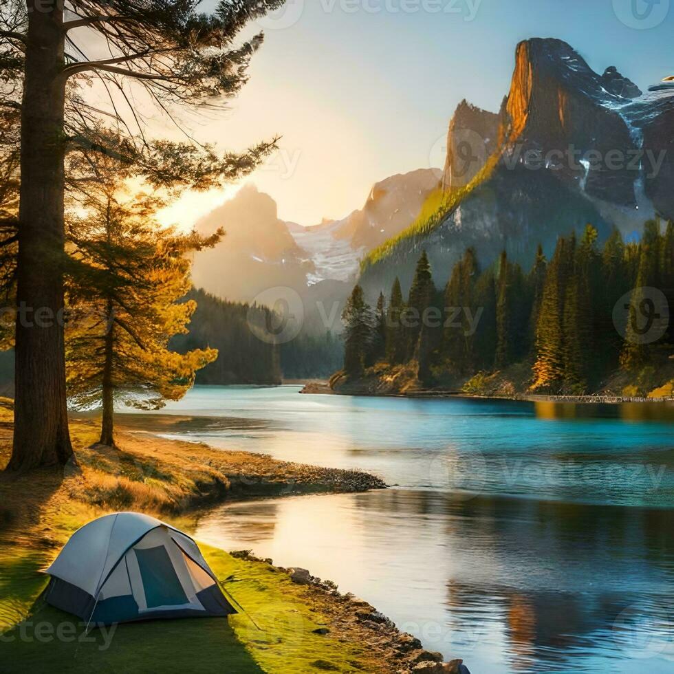 Panorama- Aussicht mit Camping Zelte im Fluss, Berge und Wald Bereich Konzept im Winter, Sommer- und Frühling. gut zum Webseiten, Blogs, Sozial Medien, Werbung, Geschäft usw. ai generiert Bild foto