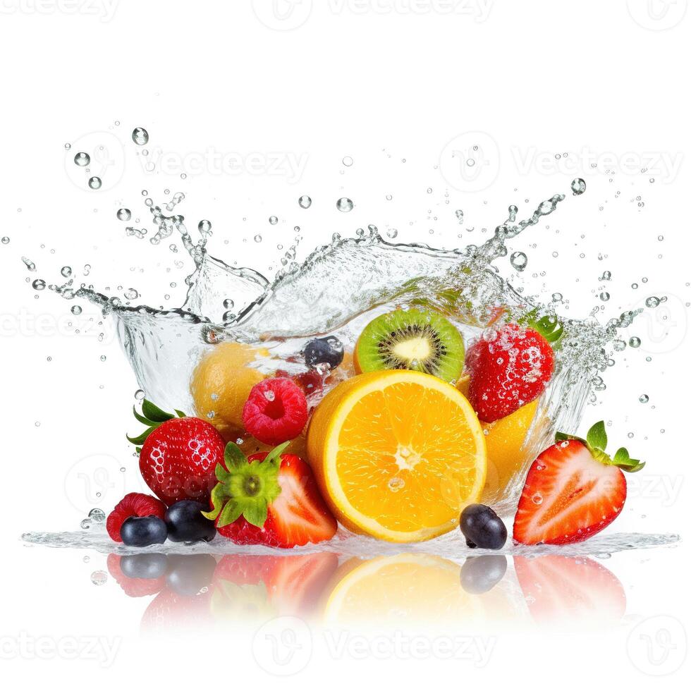 frisch Früchte im Wasser Spritzen. generativ ai foto