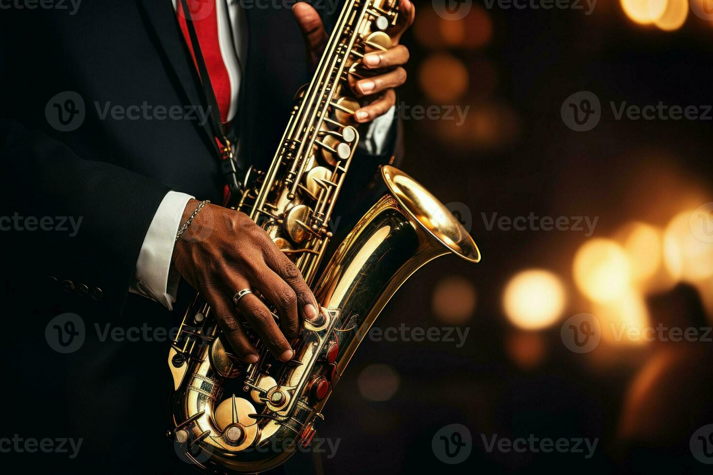 melodiös Hände spielen Saxophon Musik. generieren ai foto