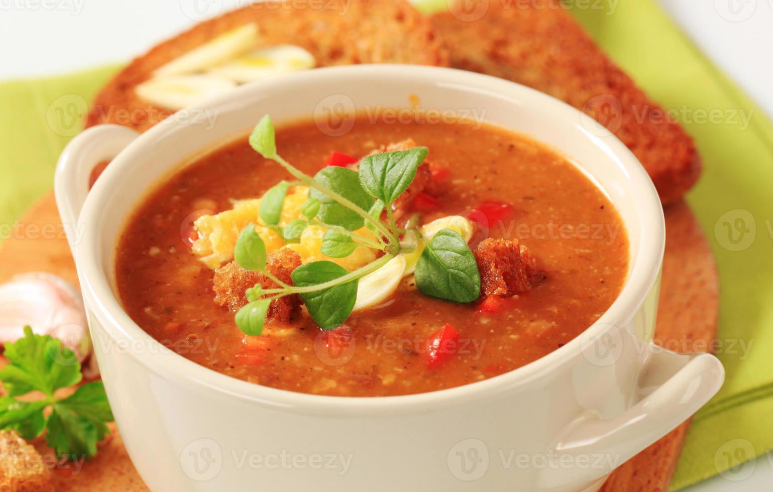 Tasse Gulaschsuppe und frittiertes Brot foto