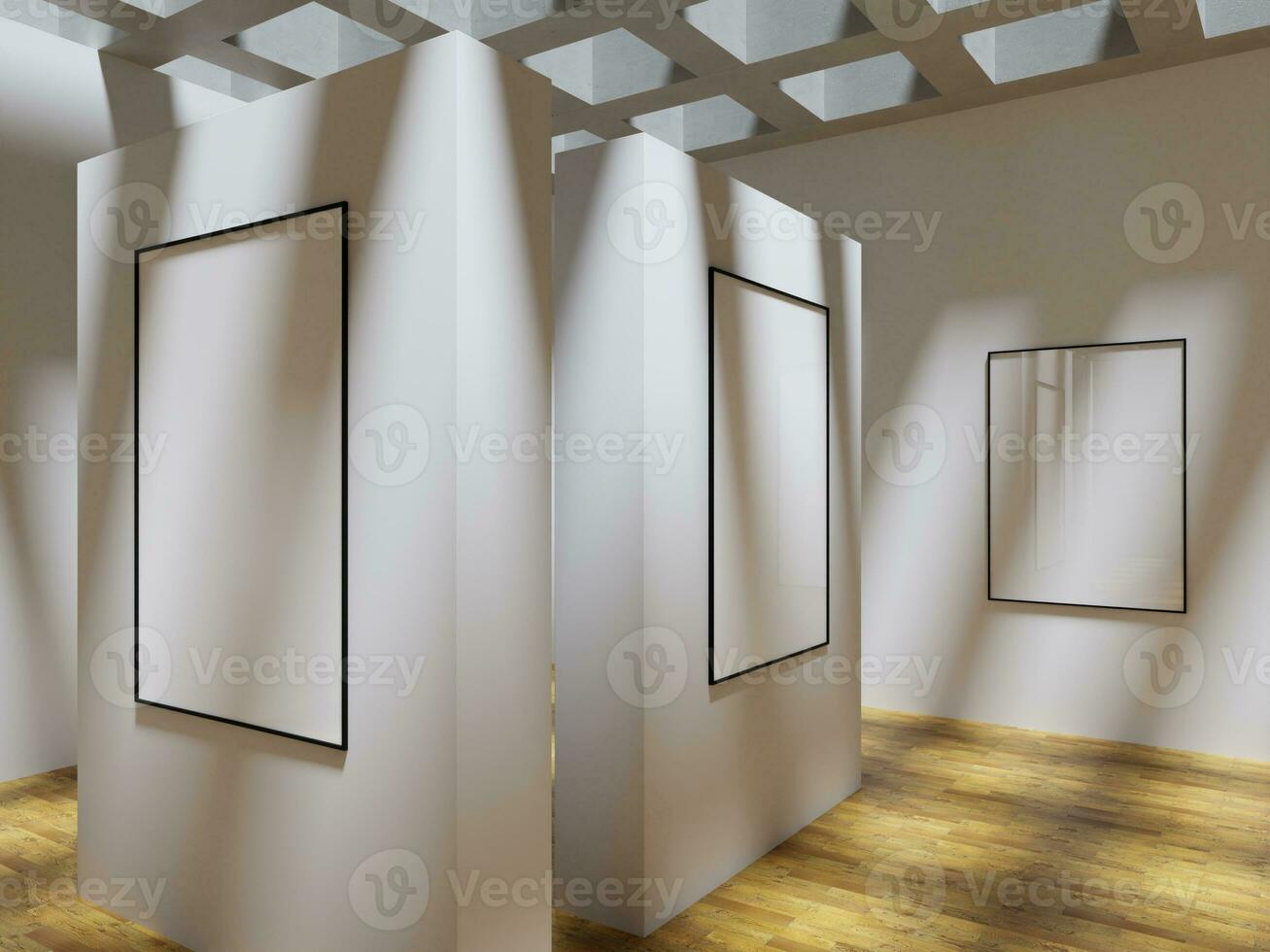 einstellen von drei Rahmen Attrappe, Lehrmodell, Simulation Poster im das Museum Kunst Galerie zündete durch Sonnenlicht foto