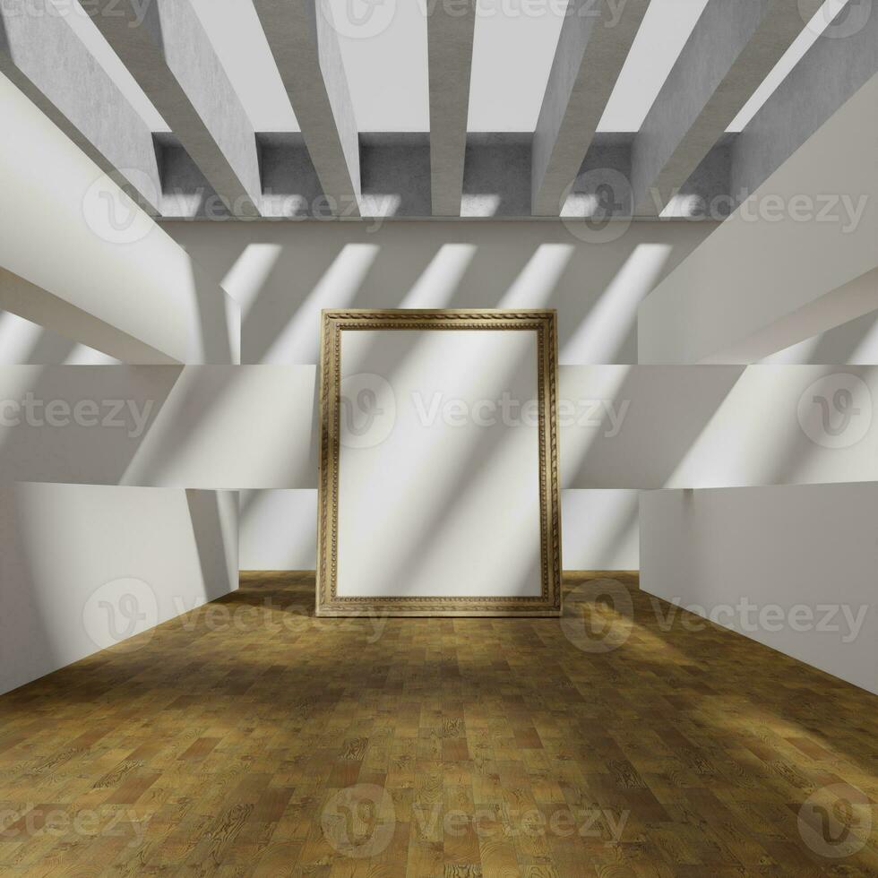 klassisch hölzern Rahmen Attrappe, Lehrmodell, Simulation Poster hängend auf das Weiß pilar im das Kunst Galerie Museum foto