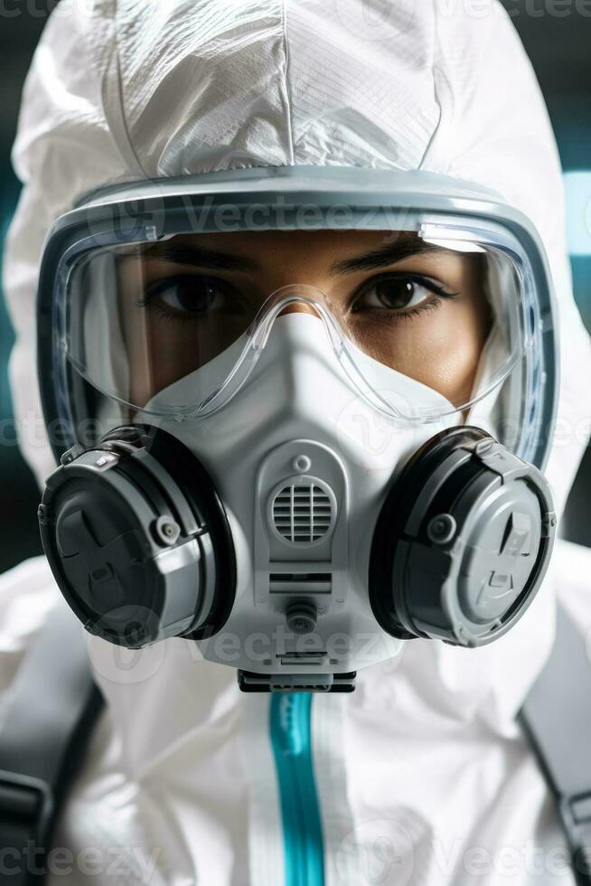 Wissenschaftler tragen schützend Ausrüstung im Labor isoliert auf ein Weiß Hintergrund foto