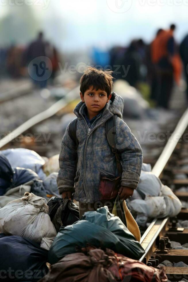 Kinder umklammern geschätzt Besitz Kreuzung Grenzen im Suche von Sicherheit foto