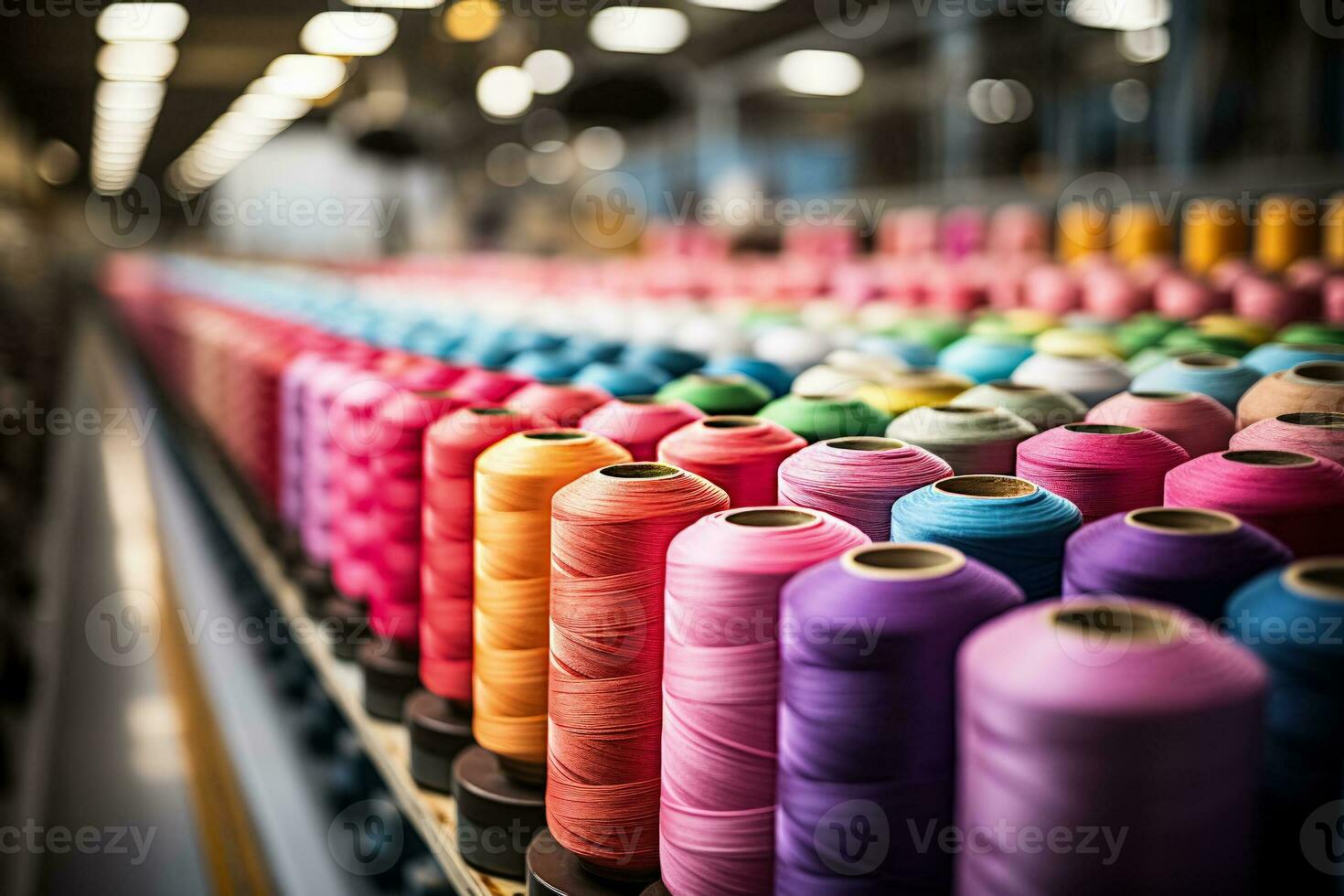lebendig Fäden dicht eingewickelt auf Rollen im ein geschäftig Textil- Fabrik foto