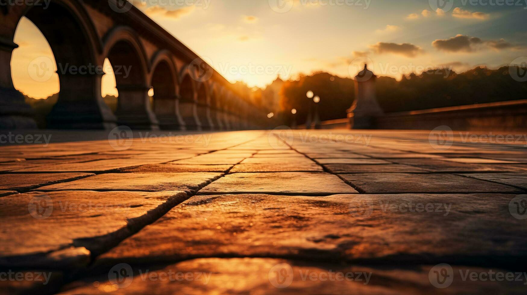 Schatten Linien von ein alt Backstein Brücke beim Sonnenaufgang Hintergrund mit leeren Raum zum Text foto