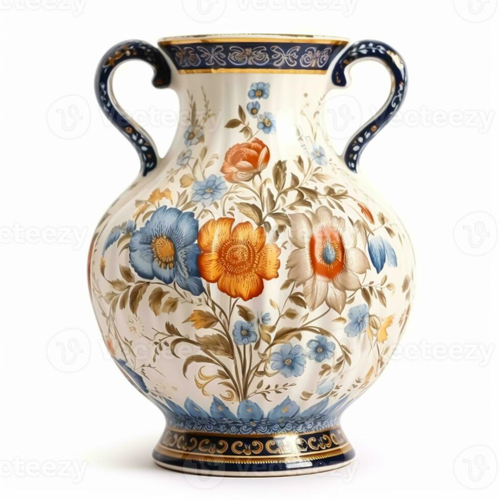 Antiquität Jahrgang Keramik Vase mit Blumen- drucken isoliert auf Weiß Hintergrund, Land Stil Zuhause Dekor und Innere Design, generativ ai foto