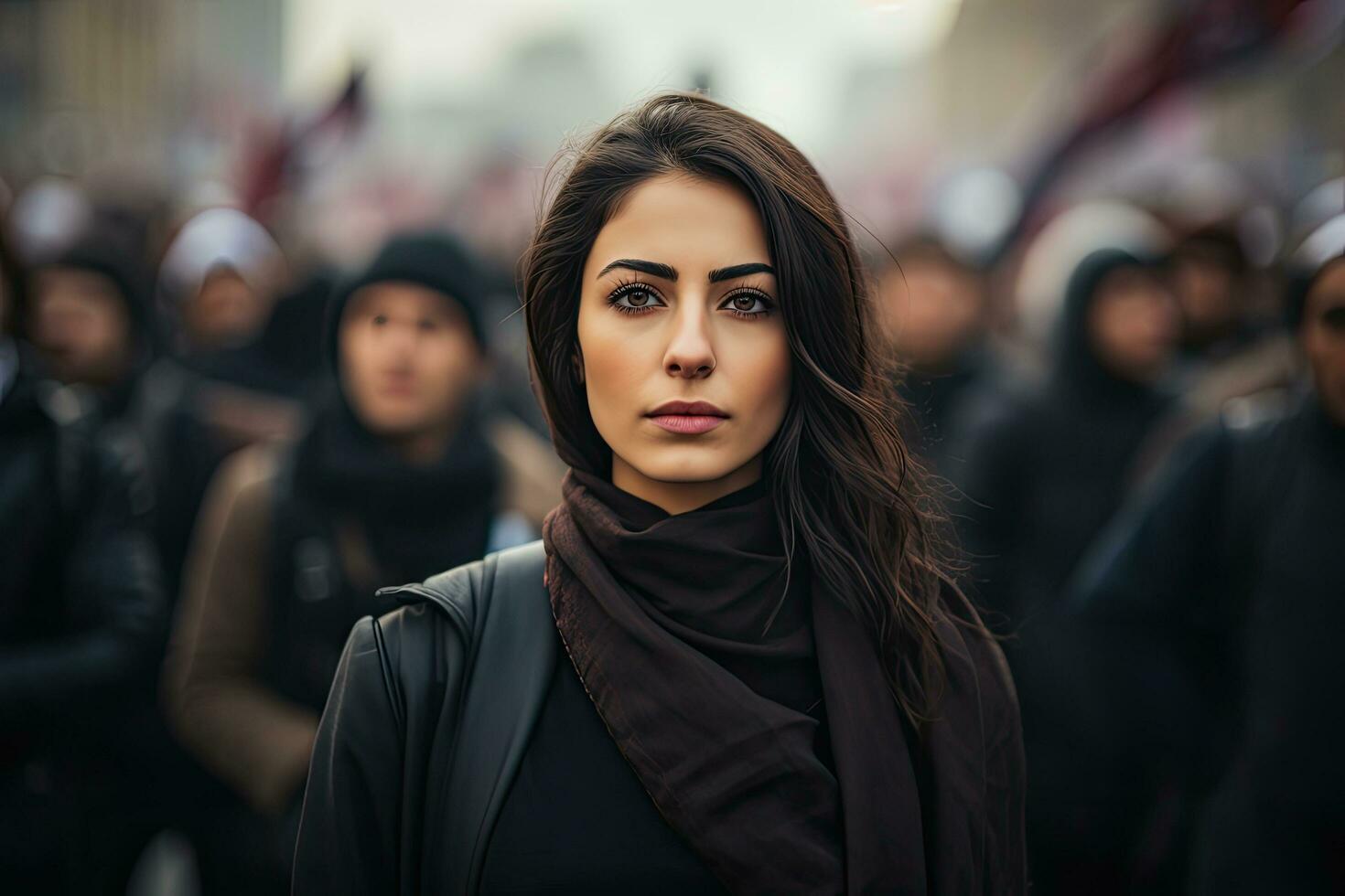 jung schön Brünette Frau im schwarz Mantel und Schal posieren auf das Straße. arabisch Frau protestieren beim ein Sozial Rallye, ai generiert foto