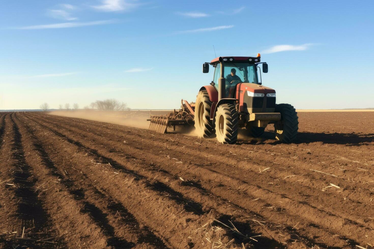 Farmer im Traktor vorbereiten Land mit Saatbeet Grubber beim Frühling, Anwendung von düngen auf Ackerland Ackerland, ai generiert foto