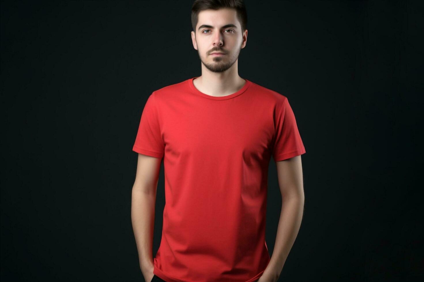 generativ ai. rot T-Shirt Attrappe, Lehrmodell, Simulation auf männlich Modell- foto