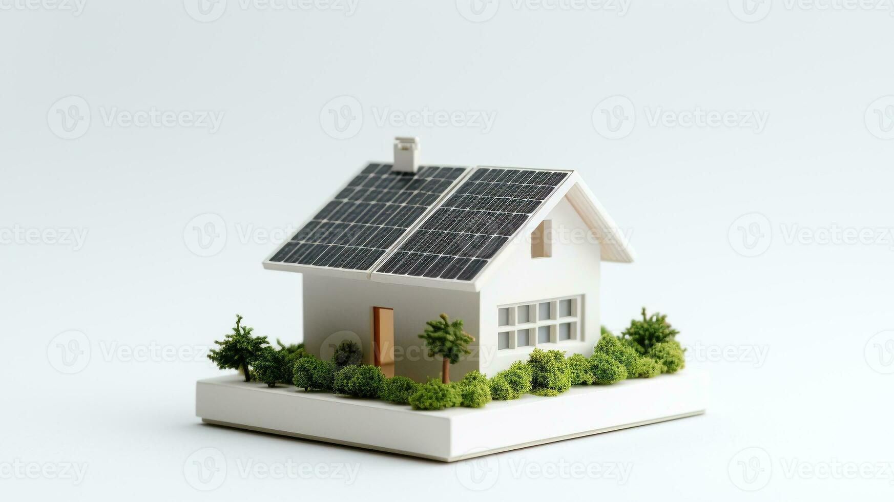 Miniatur Haus Modell- mit Solar- Panel auf Dach auf Weiß Hintergrund. Clever Zuhause Energie Speichern Konzept. generativ ai foto