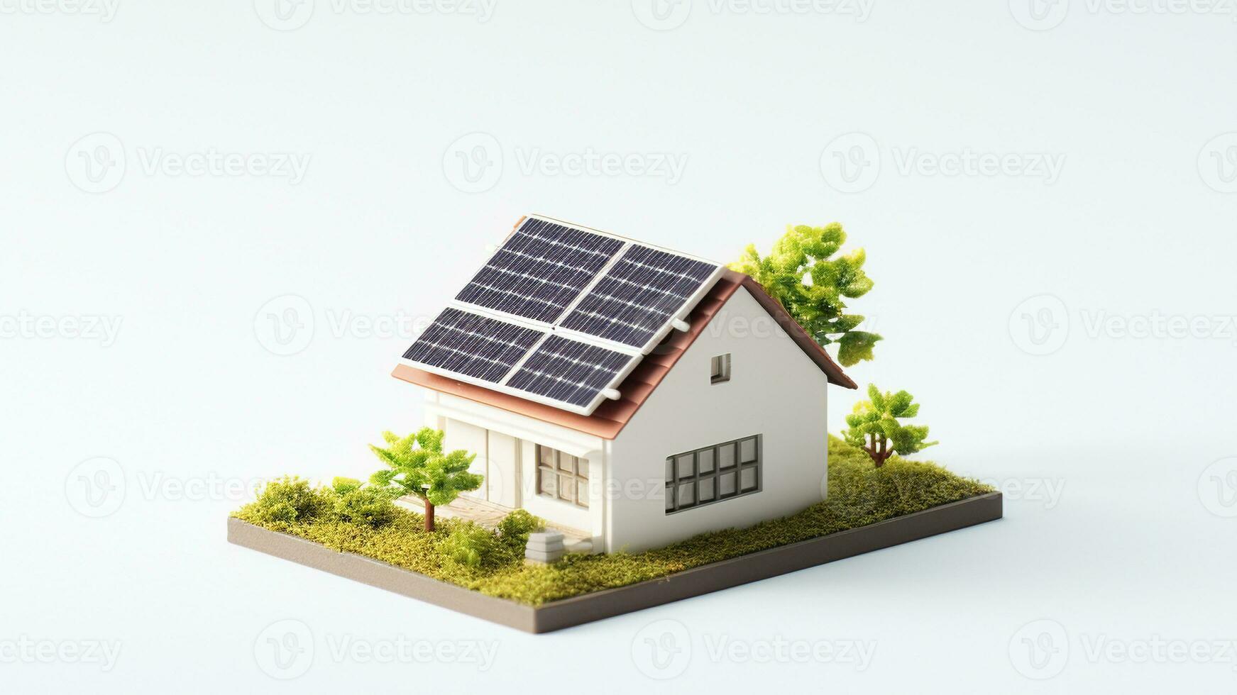 Miniatur Haus Modell- mit Solar- Panel auf Dach auf Weiß Hintergrund. Clever Zuhause Energie Speichern Konzept. generativ ai foto