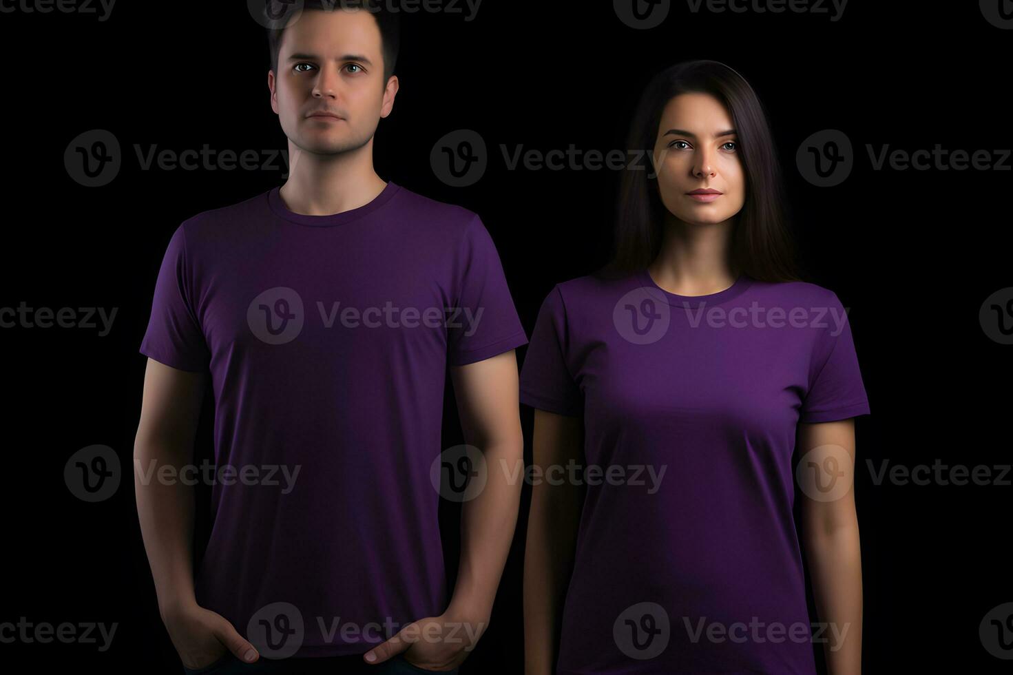 generativ ai. leer lila T-Shirt Attrappe, Lehrmodell, Simulation auf männlich und weiblich Modell- Vitrine Ihre Designs im Stil foto