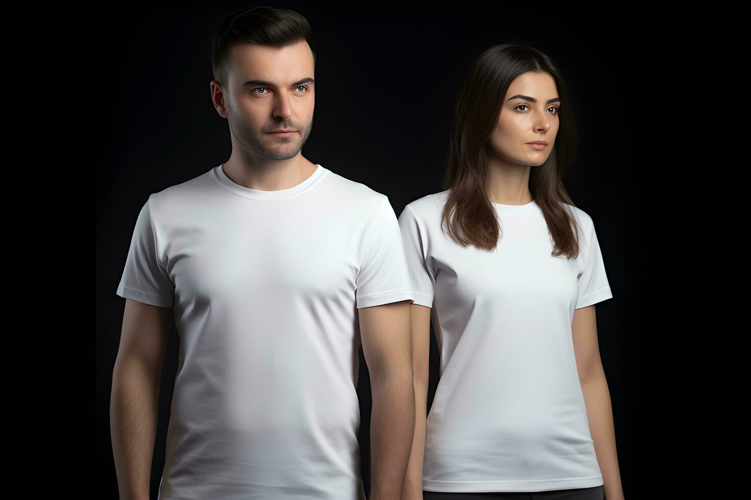 generativ ai. leer Weiß T-Shirt Attrappe, Lehrmodell, Simulation auf männlich und weiblich Modell- Vitrine Ihre Designs im Stil foto