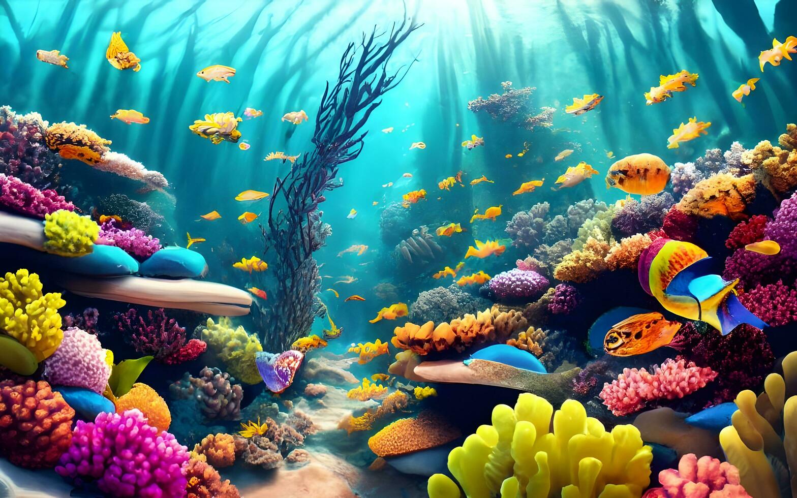 unter Wasser Symphonie von Farben, ein faszinierend Koralle Riff Ballett im flach Gewässer. ai generiert foto