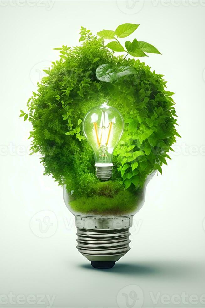 Grün Konzept Grün Licht Birne mit Grün Leben und Umgebung. ai generativ foto