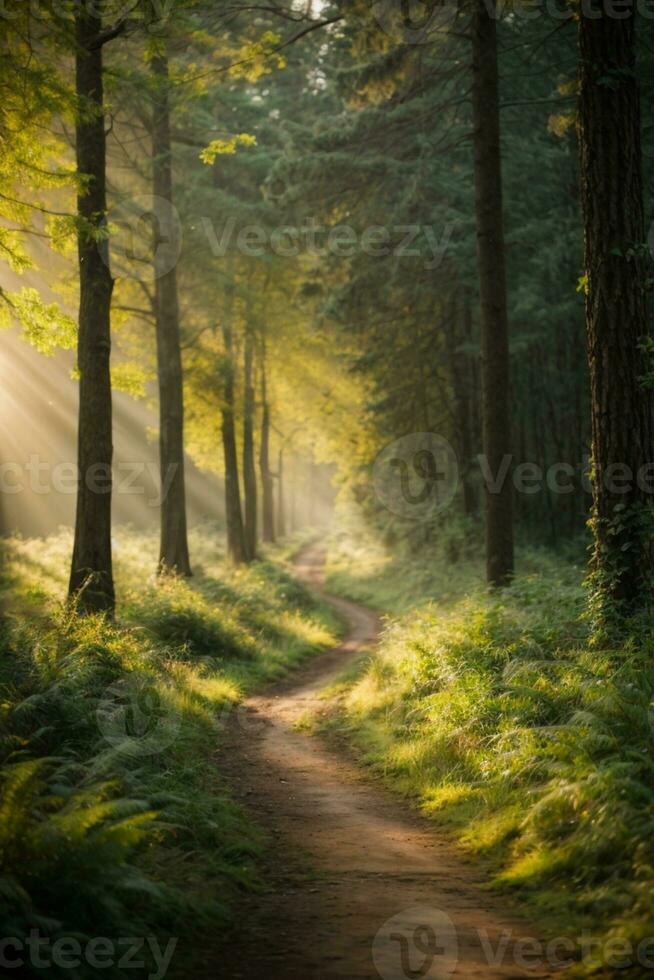 Straße im dunkel Wald, Sonnenlicht, üppig Grün und Gras. ai generiert foto