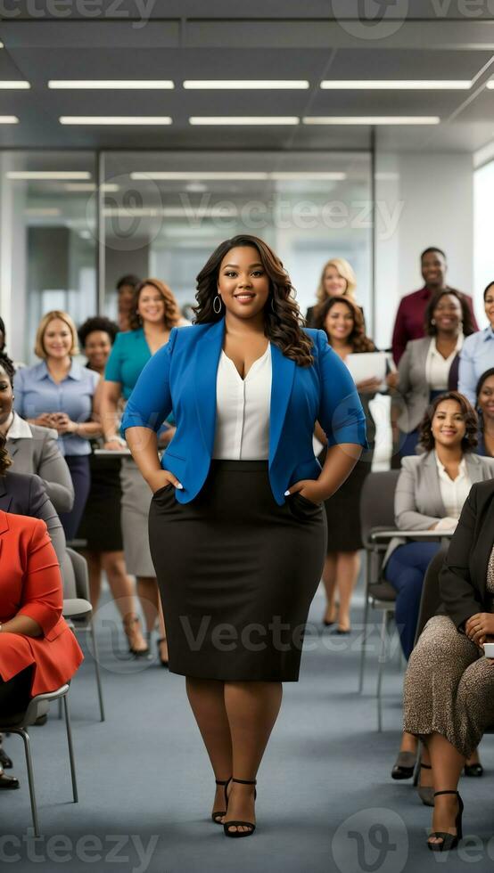 zuversichtlich afrikanisch amerikanisch Übergröße Geschäftsfrau Stehen mit zum Anfassen Tasche im Büro foto